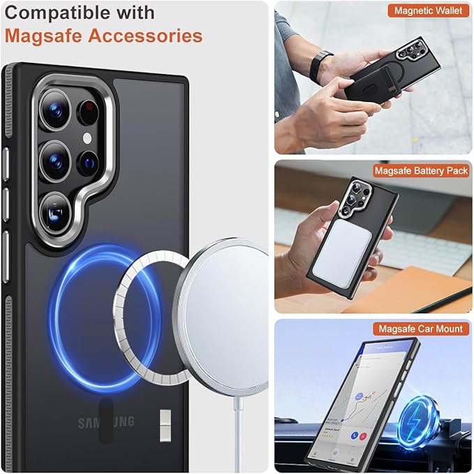 for Samsung Galaxy S24 Ultra Case, Magnetic Phone Case Compatible with Magsafe, Metal Camera Frame, Drop Protection Silky Translucent Cover for Galaxy S24 Ultra (Black/Grey)