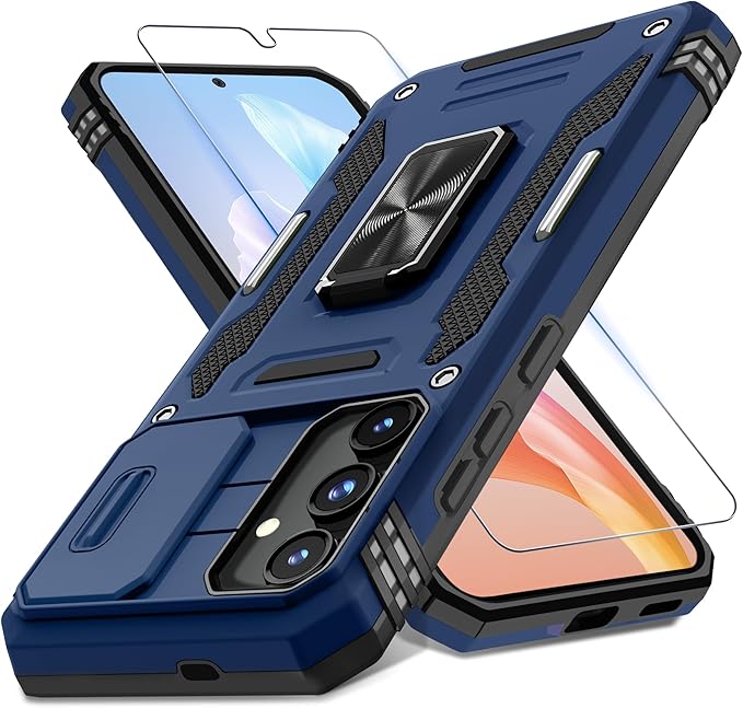 DEERLAMN Case for Samsung Galaxy S24+ Plus with Slide Camera Cover+Screen Protector (1 Pack), Rotated Ring Kickstand Military Grade Shockproof Protective Cover-Navy Blue