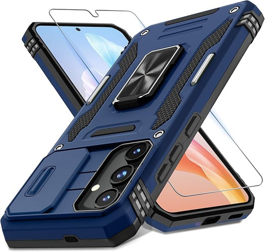 DEERLAMN Case for Samsung Galaxy S24+ Plus with Slide Camera Cover+Screen Protector (1 Pack), Rotated Ring Kickstand Military Grade Shockproof Protective Cover-Navy Blue
