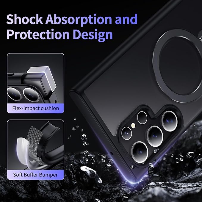 for Samsung Galaxy S23 Ultra Case,Compatible with Magsafe [Wireless Charging],with 360°Rotatable Magnetic Ring Stand Matte Translucent Slim Soft Edge Phone Kickstand,Black