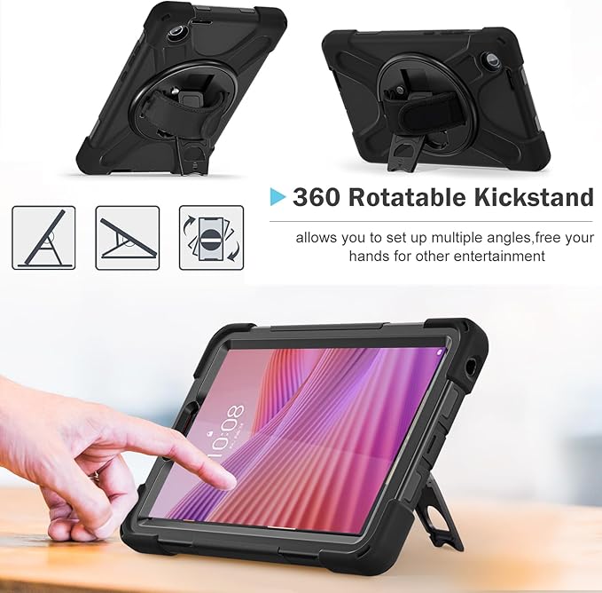 ProCase Rugged Case for Lenovo Tab One/K9 8.7 Inch 2025, Heavy Duty Shockproof Rugged Protective Cover Rotating Kickstand with Handle Holder Shoulder Strap for Lenovo Tab One/K9 -Black