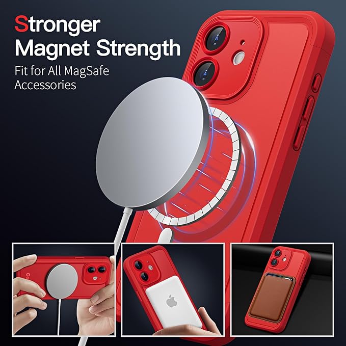 COOLQO Magnetic for iPhone 12 Case, Compatible with MagSafe, Dual Layer Design Military Grade Protection, Translucent Matte Scratch-Resistant Back Protective Shockproof Phone Case, Red