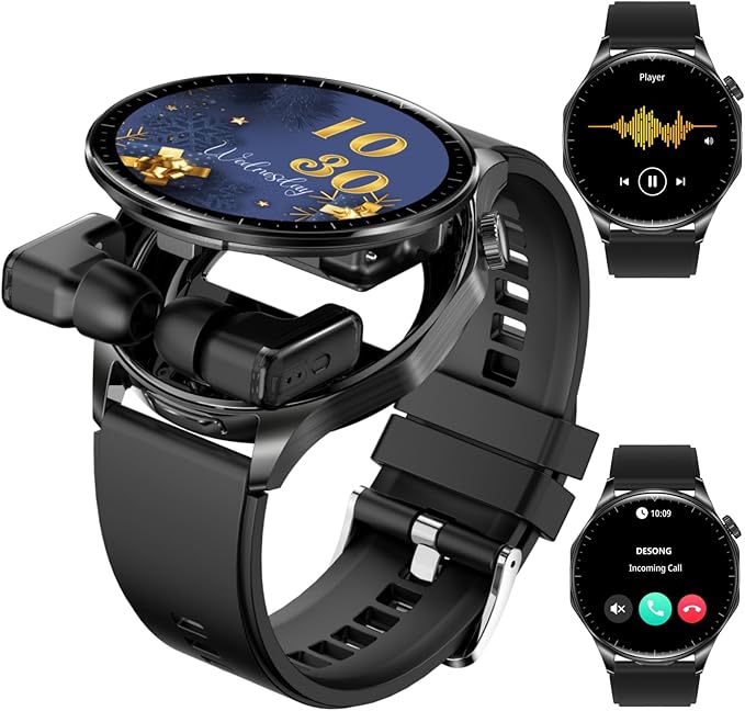 Smart Watch with Earbuds,2 in 1 TWS Smartwatches,1.43" Colorful AMOLED Display Smartwatch for Android iOS,Waterproof Fitness Tracker Long Time Standby (Black)