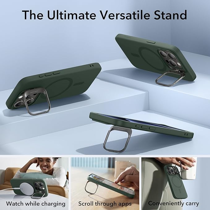ESR for iPhone 15 Pro Case, MagSafe Silicone Case with Stand, Military-Grade Protection, Built-in Camera Stash Stand, Magnetic Phone Case for iPhone 15 Pro, Cloud Series,Green