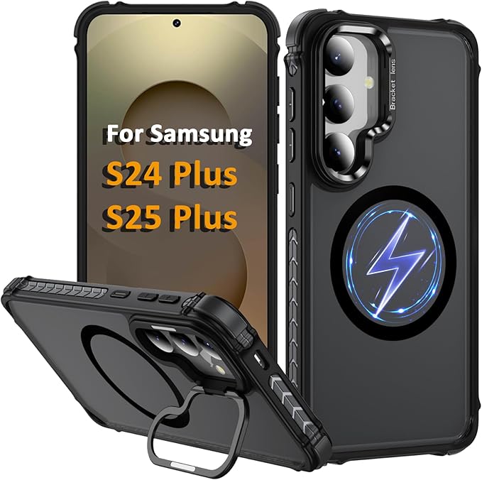 Magnetic for Samsung Galaxy S25 Plus Case/S24 Plus Case Black Fit for MagSafe Military-Grade Shockproof Protection Adjustable Kickstand Slim Matte Anti-Fingerprint Cover Men Women