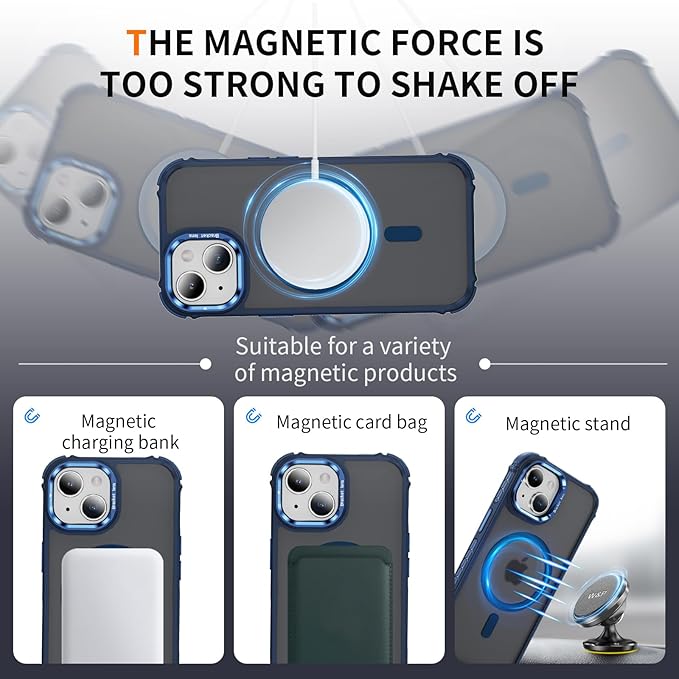 Magnetic for iPhone 15 Plus Case/iPhone 14 Plus Case Blue with MagSafe Wireless Charging Military-Grade Shockproof Protection Adjustable Kickstand Slim Matte Anti-Fingerprint Cover Men Women