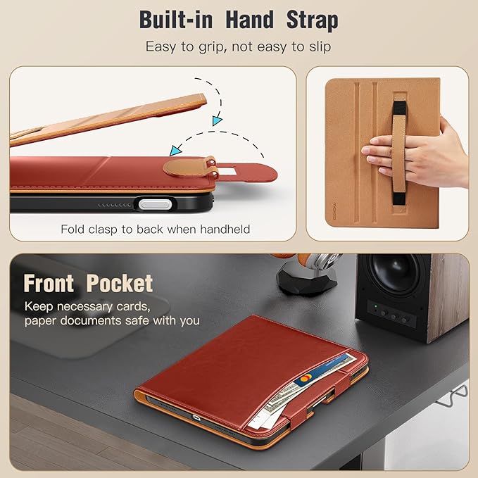 MoKo for iPad (A16) 11th Generation Case 11 inch 2025, iPad 10th Generation Case 10.9" 2022 with Pencil Holder & Pocket, Premium Leather Folio Stand Cover, Multiple Viewing Angles, Reddish Brown