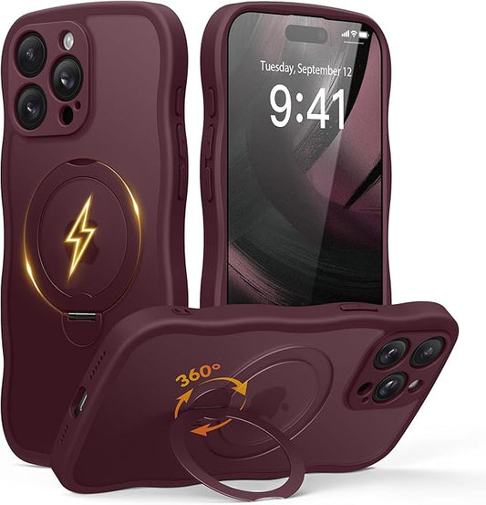 GolbinBox for iPhone 15 Pro Case,[Compatible with Magsafe][360°Magnetic Stand][Cute Wave Edge][18ft Military-Grade Protection] Translucent Matte Phone Women Case for iPhone 15 Pro, Wine Red