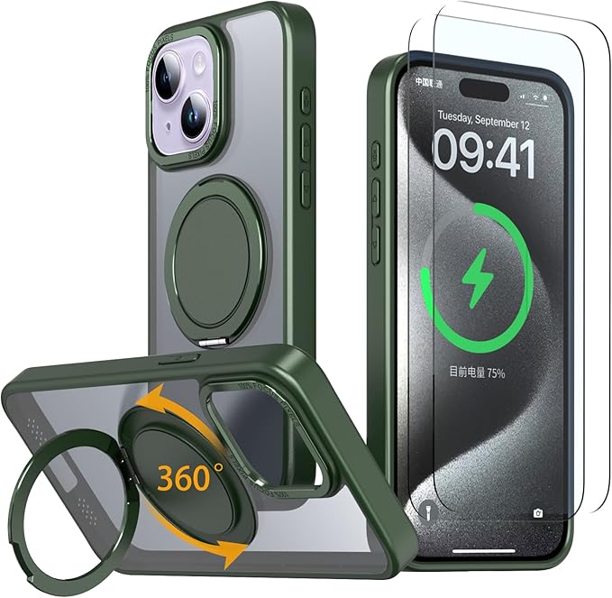 Magnetic Stand Case for iPhone 15 [with 2 Tempered Glass Film] [360° Rotation Magnetic Stand] [Compatible with Magsafe] Military-Grade Drop Protection Case, Green