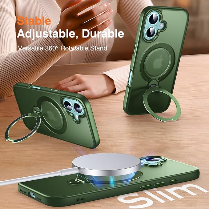 360° O-Ring MagStander for iPhone 16 Case with Magnetic Kickstand Ring Holder [Compatible with MagSafe][360°Rotate Stand Ring][Military Shockproof] Magnet iPhone 16 Phone Cover Matte Green