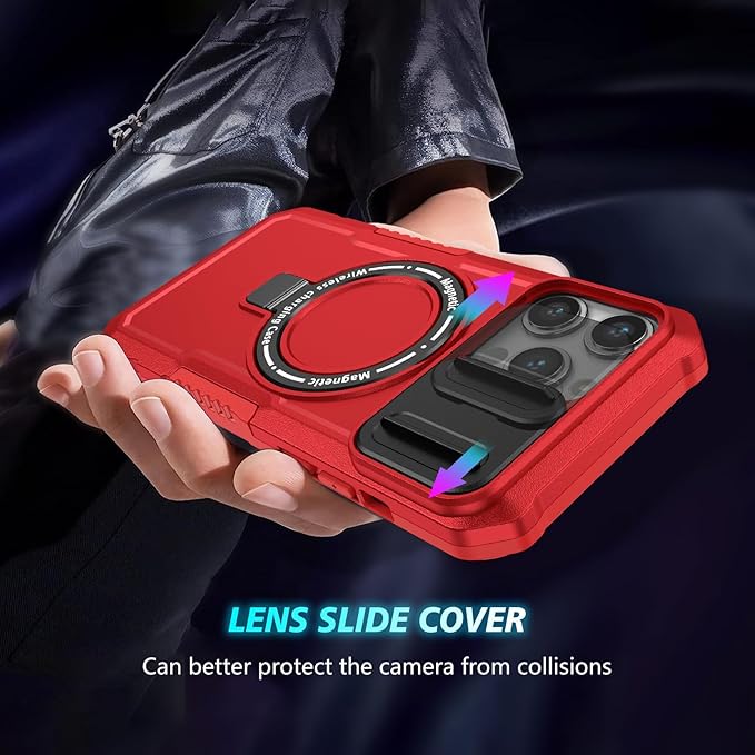 for iPhone 11 Pro Max Case Magnetic Compatible with MagSafe Wireless Charging,Built-in Kickstand,with Camera Cover,with 2 Screen Protectors,Anti-Scratch Shockproof Heavy Duty Protection Red