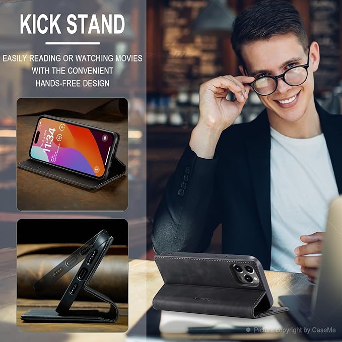 for iPhone 15 Pro Max Case, Flip Wallet Leather Case with Card Holder Magnetic Closure Shockproof Kickstand Protective Phone Cases Cover for iPhone 15 Pro Max, Black