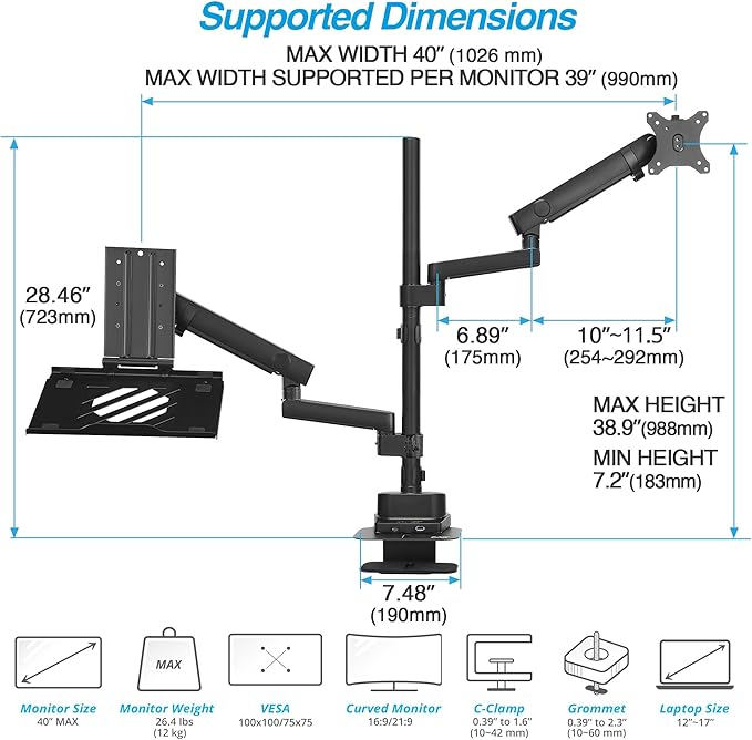 AVLT Laptop & 40 Inch Monitor Arm Pole Top Mount With USB-C USB-A Ports-Black, VESA Compatible, Supports 26.4 lbs (12 kg), Ultrawide Screen Fit, Adjustable Height, Tilt Swivel Rotate, Cable Management