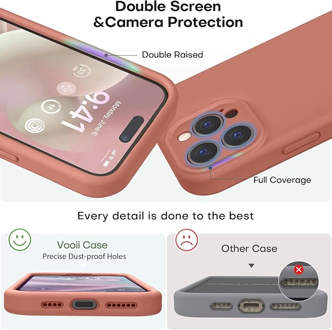 Vooii Compatible with iPhone 15 Pro Case, Upgrade Defender Liquid Silicone, [Camera Protection] [Soft Anti-Scratch Microfiber Lining] Shockproof Phone Case for iPhone 15 Pro 6.1 inch - Caramel