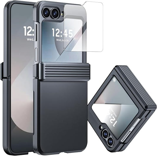 CENMASO for Galaxy Z Flip 6 Case/Z Flip 7 FE Case with Hinge Protection & Built-in Screen Protector, Ultra-Thin Full-Body Shockproof Protection Phone Case for Z Flip 6/Flip 7 FE-Black