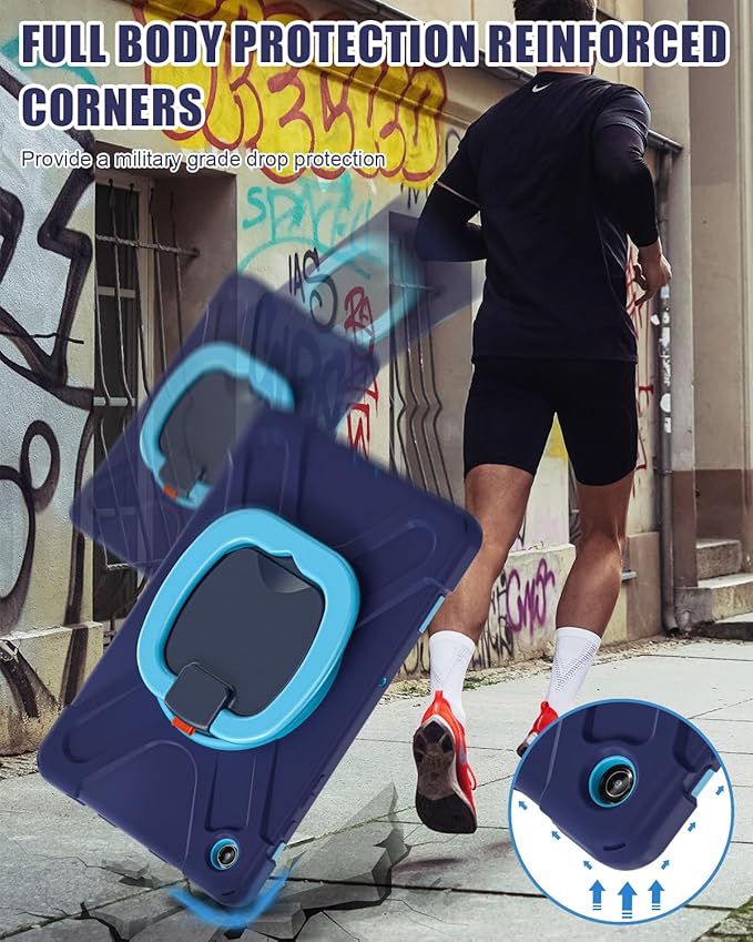 BRAECN Case for Samsung Galaxy Tab A9+ Plus Case 11 Inch 2023 SM-X210/X216/X218, Heavy Duty Silicone Cover with 360 Degree Rotating Stand, Screen Protector, Shoulder Strap, Stable Kickstand, Navy Blue