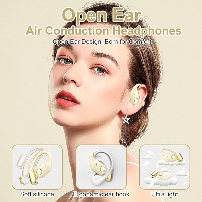 Open Ear Earbuds, Bluetooth 5.3 Wireless Air Conduction Headphones with Mic, LED Display Charging Case&Fast Charging, Ultra-Light Weight, 80H Playtime Earbuds for Work, Sports (White)