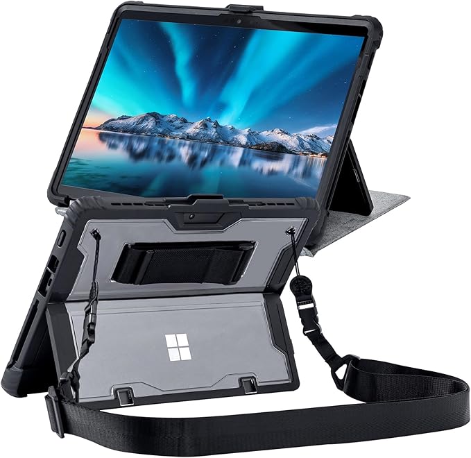 for Microsoft Surface Pro8 Tablet Protective Case 13 inches 2021, Thicken and Rugged Cover with Stand Case, Compatible Keyboard Cover, Including Hand Strap Shoulder,Black