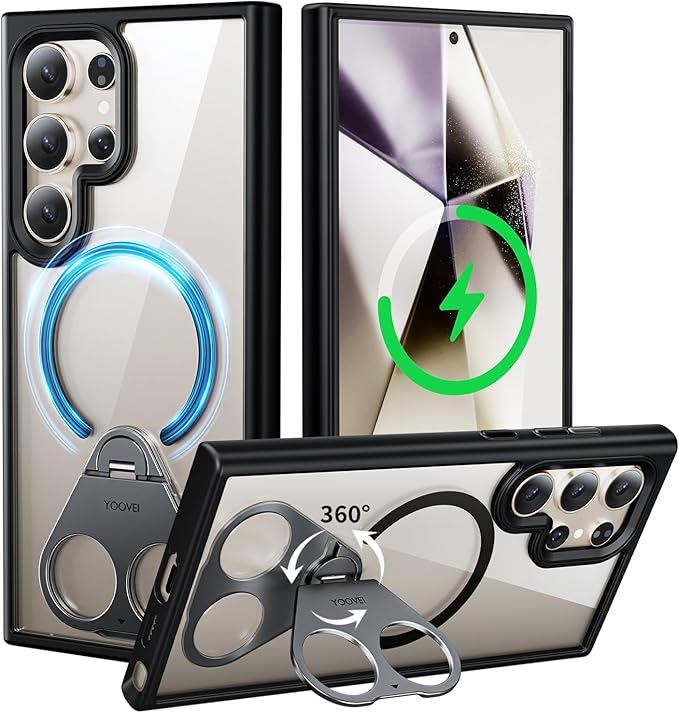 for Samsung Galaxy S24 Ultra Case Clear with Ring Holder,Kickstand 360°Rotatable Invisible Magnetic Built-in Stand [Compatible with MagSafe] [Drop Protection] Slim Soft Edge Cover,Black