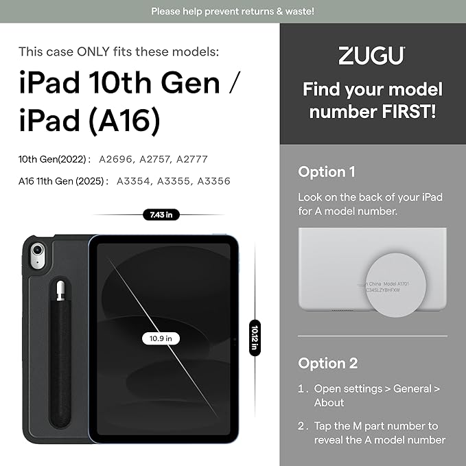 ZUGU CASE for iPad 10.9 Inch Case iPad 11th/10th Generation (A16 2025/2022), Slim Protective Magnetic Stand & Sleep/Wake Cover 11th/10th Gen iPad Stand, Model #s A2696, A2757, A2777, Stealth Black