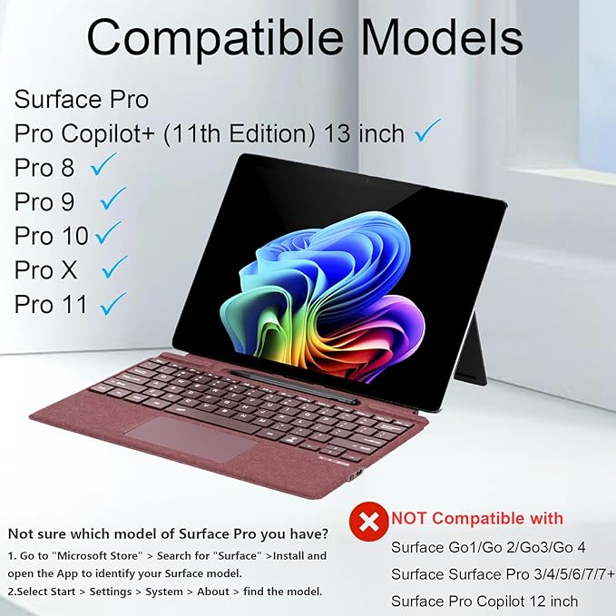 mobee Type Cover for Microsoft Surface Pro 13 inch, Compatible with Surface Pro 13"(11th Edition) / Pro 11 / Pro 10 / Pro 9 / Pro 8 / Pro X, Slim Keyboard with Trackpad Mouse, Backlit, & Pen Holder