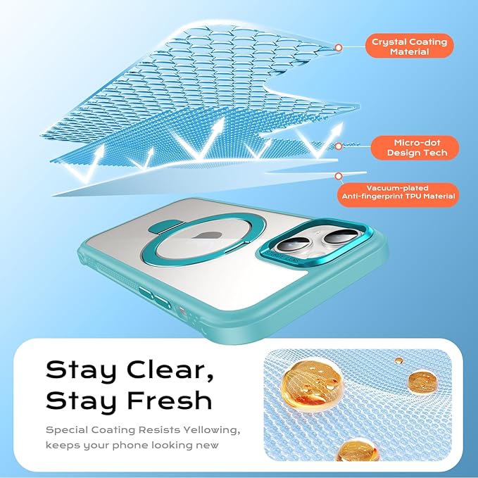 Anqrp O-Ring Magnetic Kickstand Clear Case for iPhone 14/13, Compatible with Mag-Safe, Military-Grade Reinforced 4-Corners Anti-Yellowing Transparent Phone Case Cover for iPhone 13/14, Teal