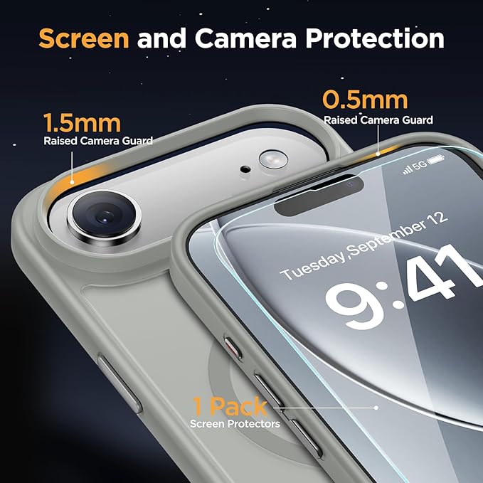 Miracase Magnetic for iPhone Air Case 2025 with Screen Protector(Compatible with MagSafe), Slim Thin Translucent Matte Military-Grade Protected Phone Cover for iPhone 17 Air 6.5" Armbands, Light Gray