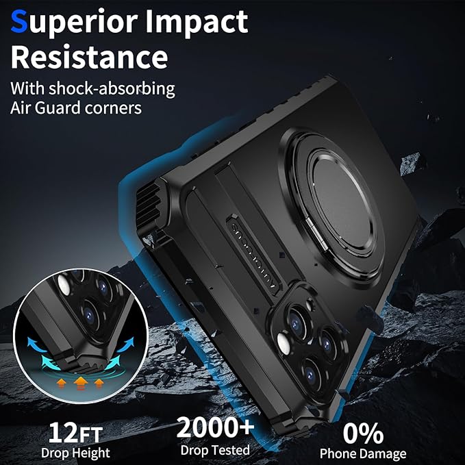 for iPhone 11 Pro Max Case Magnetic Compatible with MagSafe,with 2 Screen Protector,Built-in Camera Cover+Kickstand Ring,Military Grade Drop Shockproof Heavy Duty Protection Phone Bumper Black