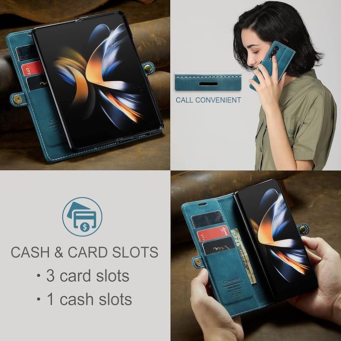 for Samsung Galaxy Z Fold4 Case, Flip Wallet Leather Case with Card Holder Magnetic Closure Shockproof Kickstand Protective Phone Cases Cover for Samsung Galaxy Z Fold4,Blue-Green