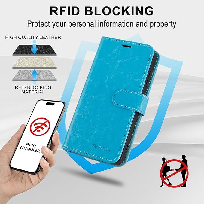 MONASAY Wallet Case Fit for Samsung Galaxy S24+ Plus 5G, [Lens & Glass Screen Protector Included] [RFID Blocking] Flip Folio Leather Cell Phone Cover with Credit Card Holder，6.7 inch, Light Blue