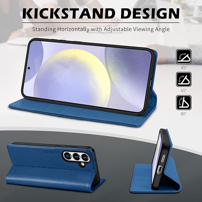 SHIELDON Case for Galaxy S25+ Plus 6.7", Genuine Leather Wallet Magnetic Case, RFID Blocking Card Holder Kickstand Shock Absorbing Protective Cover Compatible with Galaxy S25+ 2025 - Nappa Royal Blue