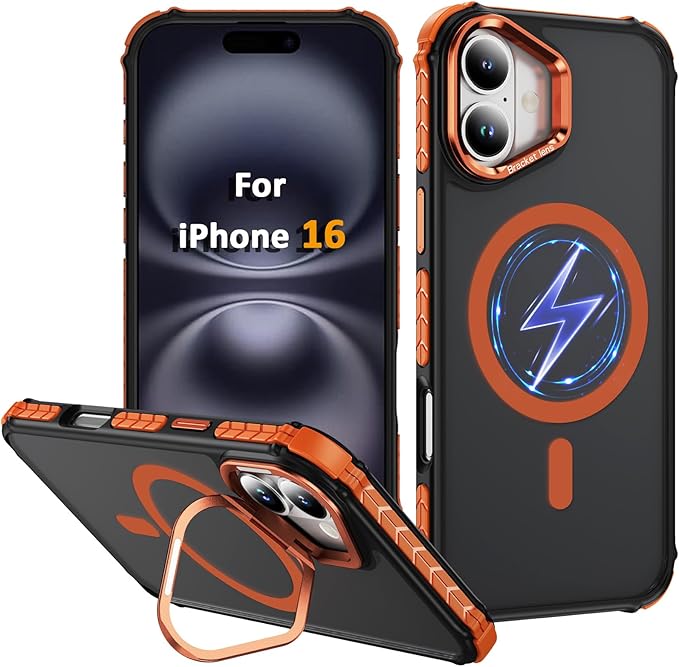 Magnetic for iPhone 16 Case Orange with MagSafe Wireless Charging Heavy Duty Military-Grade Shockproof Protection Adjustable Kickstand Slim Matte Anti-Fingerprint Cover Men Women