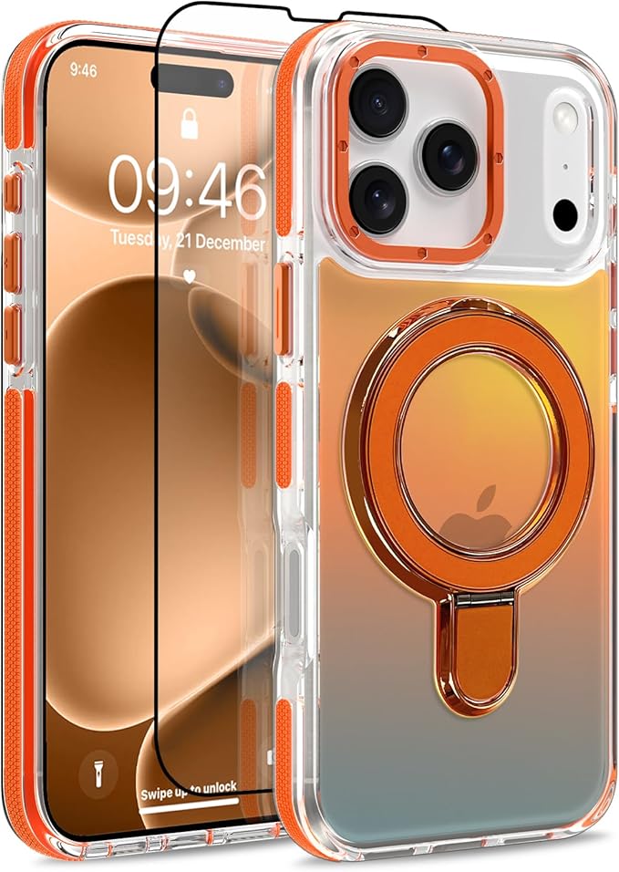 MOWIME Magnetic for iPhone 17 Pro Case with Stand [Compatible with Magsafe] [Cute Fashion Fluorescent Design] [1 Screen Protector] Slim Translucent Matte Case for iPhone 17 Pro 6.3" 2025, Orange