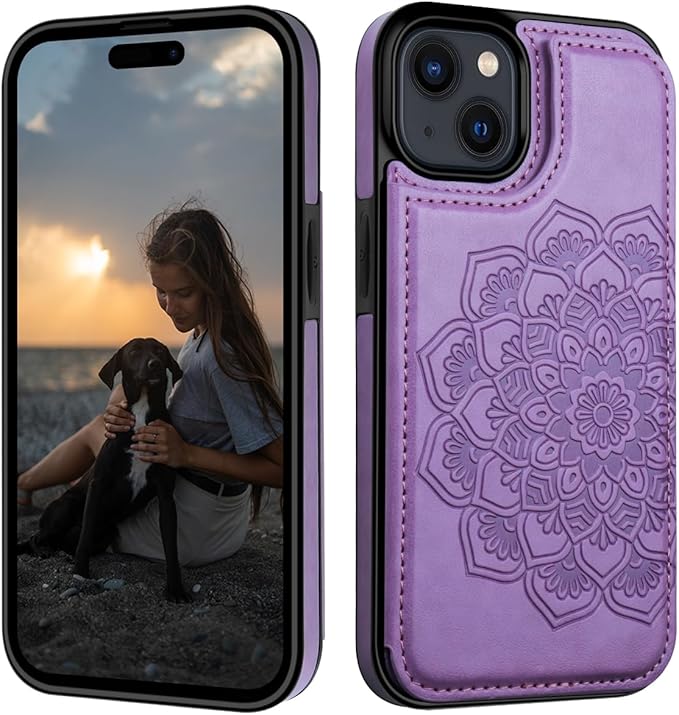 MMHUO for iPhone 15 Case with Card Holder, Flower Magnetic Back Flip Case for iPhone 15 Wallet Case for Women, Protective Case Phone Case for iPhone 15,Purple