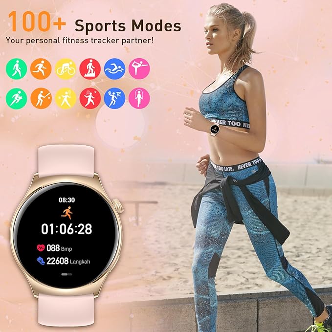 Smart Watch for Women Men(Answer/Make Calls) 1.43" HD Fitness Tracker Watchs with IP68 Waterproof/100+ Sports Modes/Heart Rate Sleep Monitor/Counter for Android/iPhone, Pink