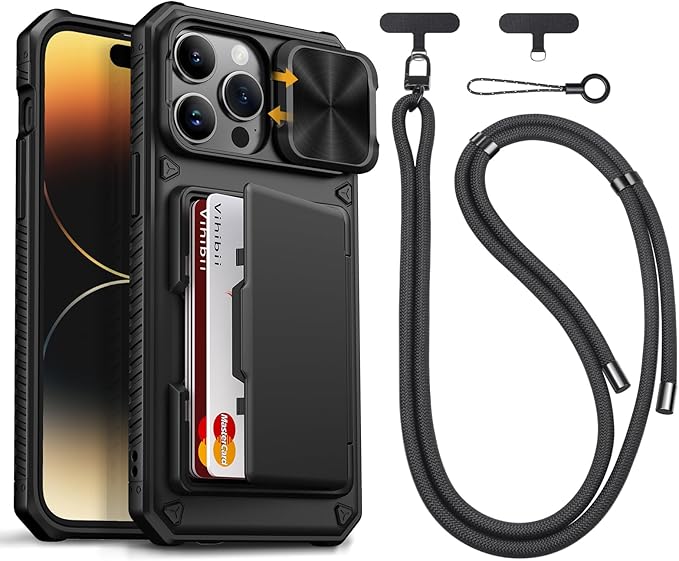 Vihibii for iPhone 14 Pro Max Case with Crossbody Lanyard Strap, Build-in Card Holder (4 Cards) [RFID Blocking] & Slide Camera Cover, Military Grade Drop Protection, Hard Back & Soft Edge Case, Black