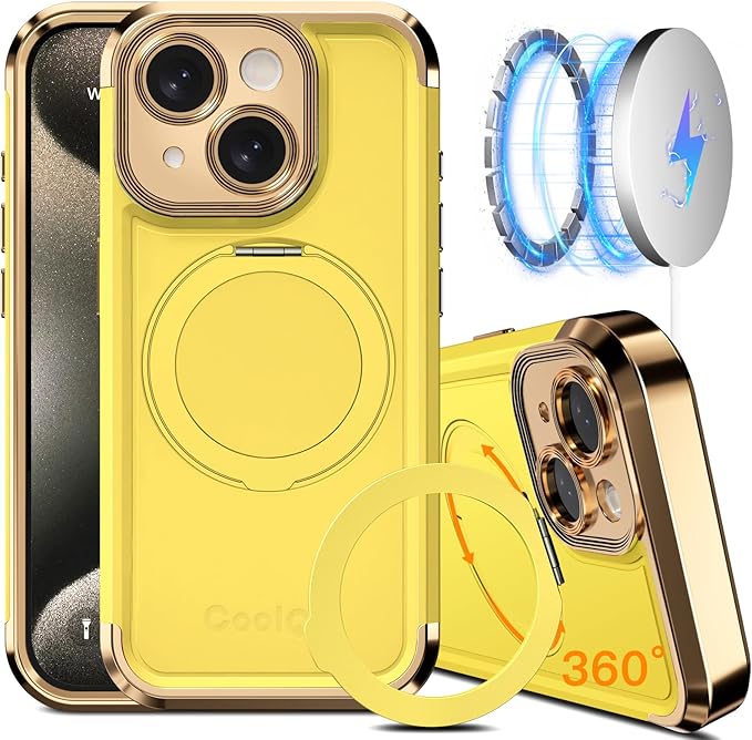 COOLQO for iPhone 13 Case 6.1'' Upgraded 360° Spin Magnetic Stand [Compatible with Magsafe][Military Protection] Plating Matte Scratch-Resistant Back Protective Shockproof Phone Case, Yellow Gold