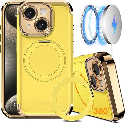 COOLQO for iPhone 13 Case 6.1'' Upgraded 360° Spin Magnetic Stand [Compatible with Magsafe][Military Protection] Plating Matte Scratch-Resistant Back Protective Shockproof Phone Case, Yellow Gold