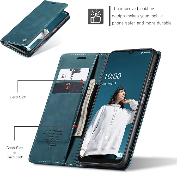 for Samsung Galaxy A22 5G Case, Flip Wallet Leather Case with Card Holder Magnetic Closure Shockproof Kickstand Protective Phone Cases Cover for Samsung A22 5G,Blue-Green