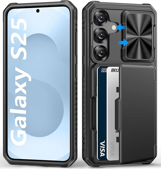 for Samsung Galaxy S25 Case Wallet, Card Holder (4-5 Cards), RFID Block, Slide Camera Cover, Military Grade Drop Shockproof Protection, Heavy Duty Men Women Phone Case for Samsung S25, Black