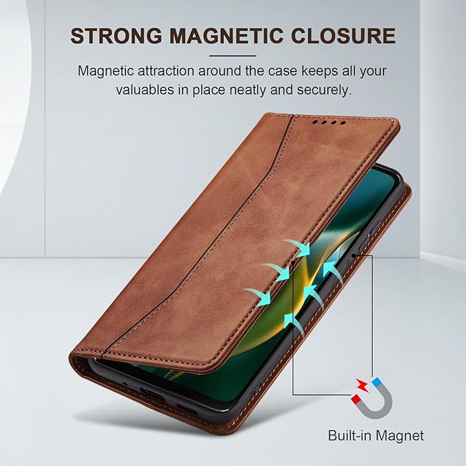 Jasonyu Flip Wallet Case for Moto G 5G (2025),Leather Magnetic Folio Cover with Card Holder,Kickstand - TPU Shockproof Durable Protective Phone Case,Brown