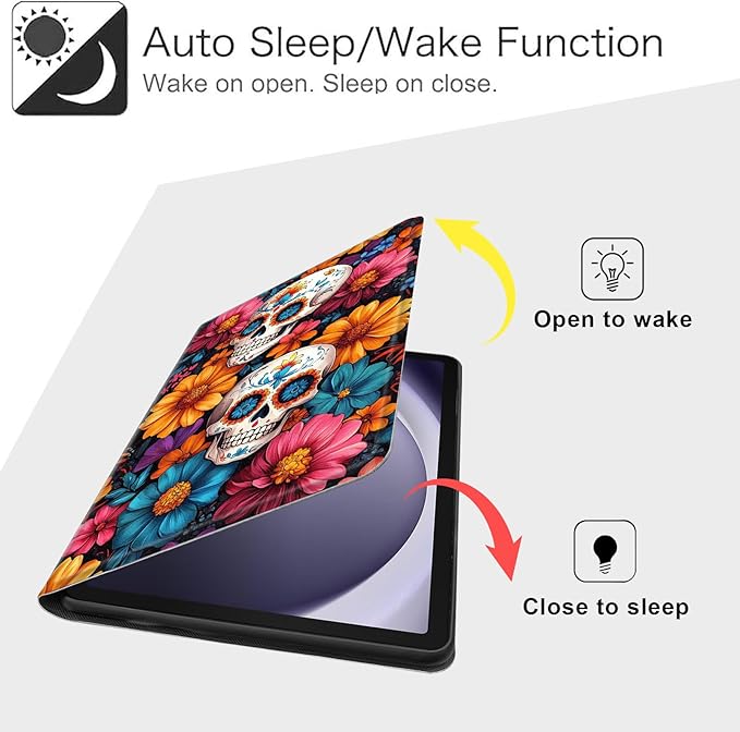 Case for Samsung Galaxy Tab A9 8.7-Inch 2023, Slim PU Leather Stand Cover with Auto Wake/Sleep, Multi-Angle Viewing & Shockproof, Sugar Skulls