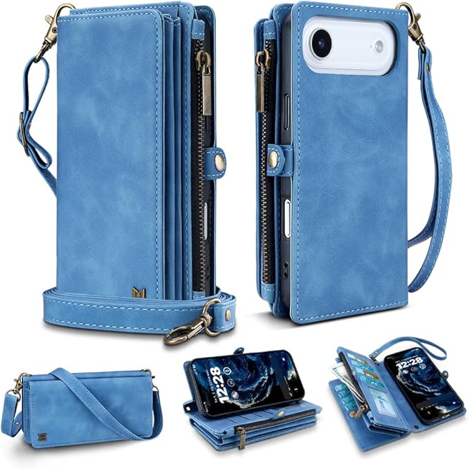 for iPhone Air Wallet Phone Case with 8 Card Holder,RFID Blocking | PU Leather | Kickstand | Flip | Wrist Strap&Shoulder Strap | Shockproof | Zipper Wallet | Women Men | 6.5" | Sky Blue
