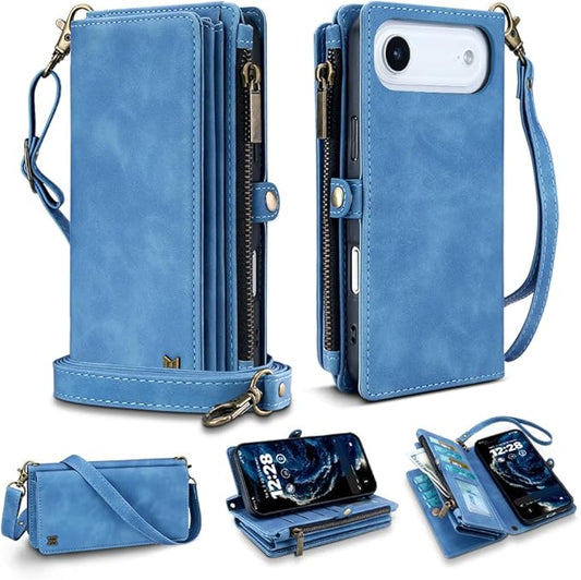 for iPhone Air Wallet Phone Case with 8 Card Holder,RFID Blocking | PU Leather | Kickstand | Flip | Wrist Strap&Shoulder Strap | Shockproof | Zipper Wallet | Women Men | 6.5" | Sky Blue