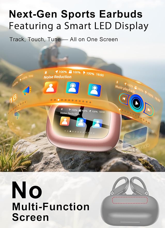 Wireless Earbuds, ENC Noise Cancelling Sport Ear Buds with Multifunctional Touch Screen, IPX7 Waterproof Bass Stereo Sound Earphone for Workout/Running, Rose Gold