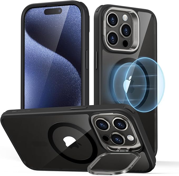ESR for iPhone 15 Pro Max Case, Compatible with MagSafe, Military-Grade Protective Case, Built-in Stash Stand Phone Case, Scratch-Resistant Back Cover, Classic Series,Clear Black