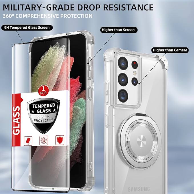 for Samsung Galaxy S21 Ultra Case Compatible Wireless Charging Magnetic,with Screen Protector,for S21Ultra Phone Case with 360°Stand Ring Military Grade Shockproof Heavy Duty Protection Clear