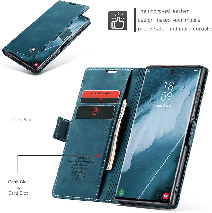 for Samsung Galaxy S23 Ultra Case, Flip Wallet Leather Case with Card Holder Magnetic Closure Shockproof Kickstand Protective Phone Cases Cover for Galaxy S23 Ultra 5G 6.8 Inch,Blue-Green