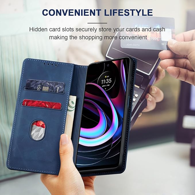 Jasonyu Flip Wallet Case for Motorola Edge 5G UW/Moto Edge (2021),Leather Magnetic Folio Cover with Card Holder,Kickstand - TPU Shockproof Durable Protective Phone Case,Blue