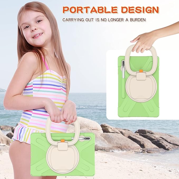 360 Rotation Portable Case for Galaxy Tab S8+/S7 FE/S7+ 12.4 Inch Case with S Pen Holder Rugged Case Rotating Stand Hand Strap Shoulder Carrying Strap Outdoor Cover (LightGreen)